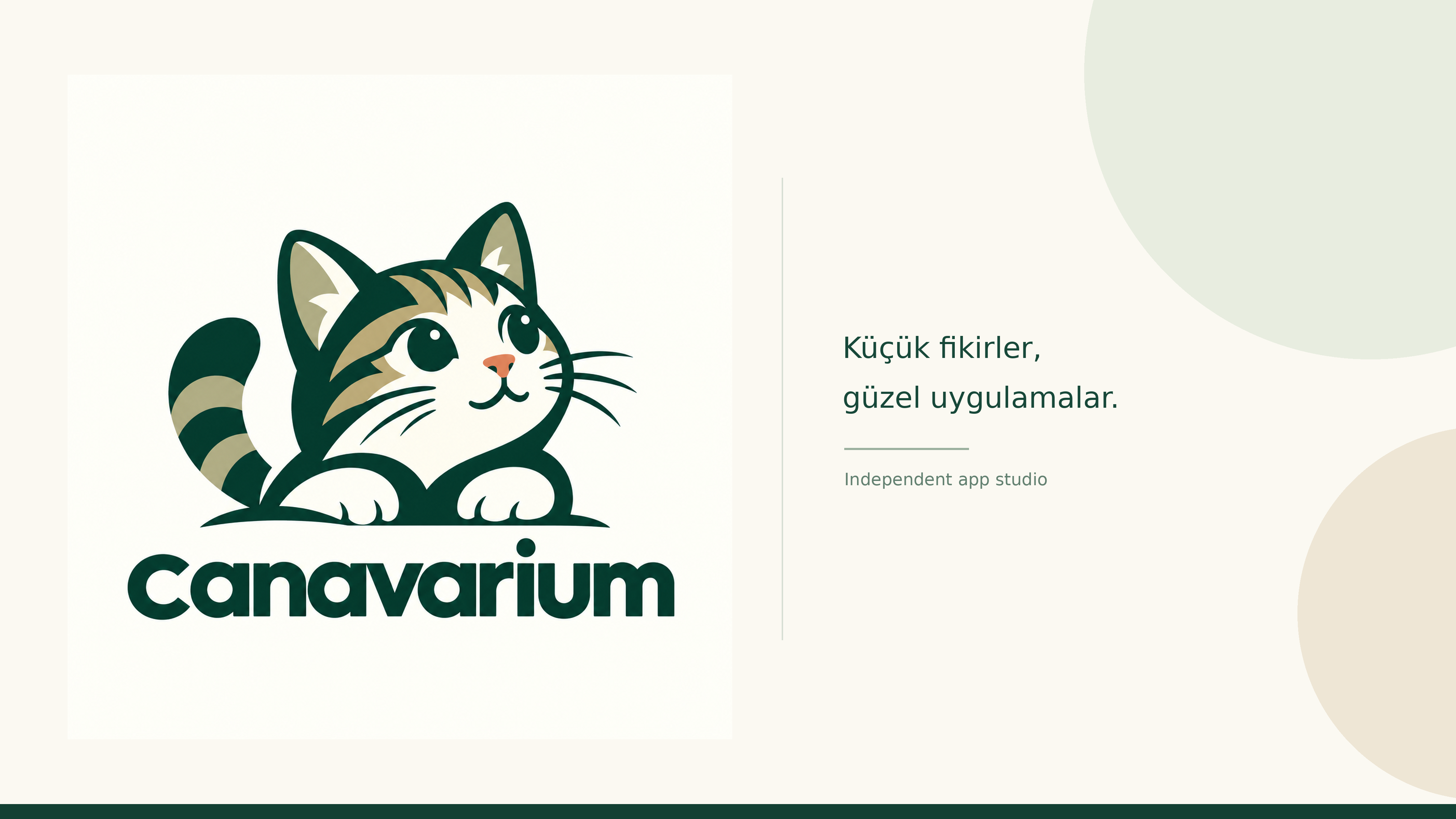 Canavarium marka görseli: kedi maskotu, Küçük fikirler güzel uygulamalar ve Independent app studio yazısı