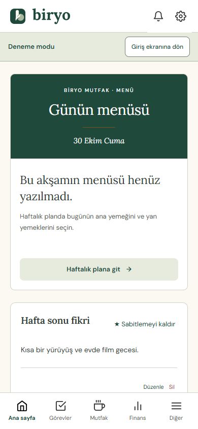 Telefon ekranında Biryo demo ana sayfası
