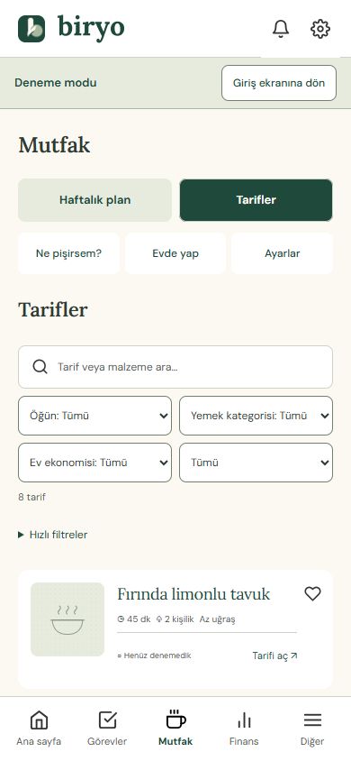 Biryo mobil tarif defteri, örnek tariflerle