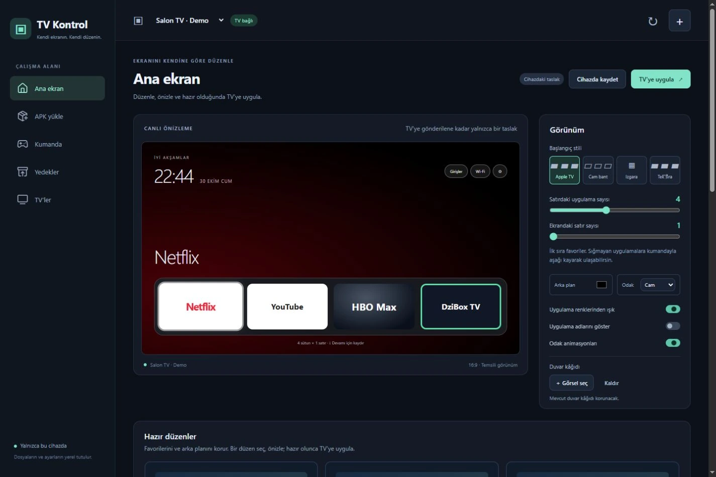 TV Kontrol ana ekran düzenleyicisi, örnek Salon TV profiliyle