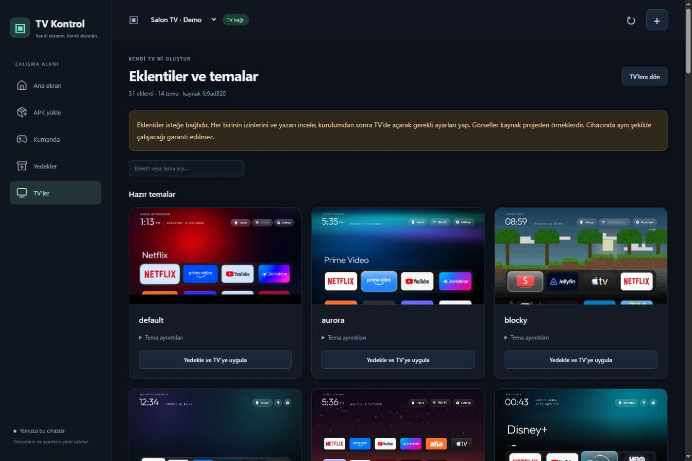 TV Kontrol eklenti ve tema kataloğu, örnek görünüm