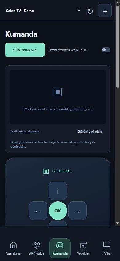 TV Kontrol mobil kumanda ekranı, örnek cihaz profiliyle